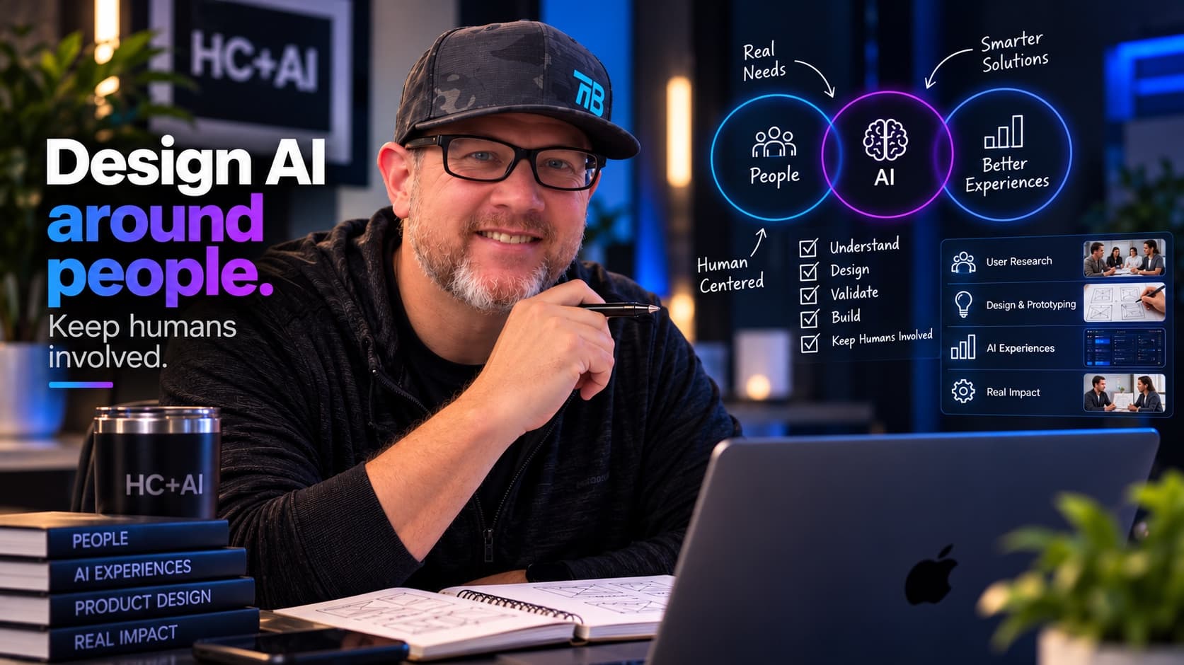 Terry Germany presenting his human-centered AI design approach, with people, AI, and better experiences connected in a diagram