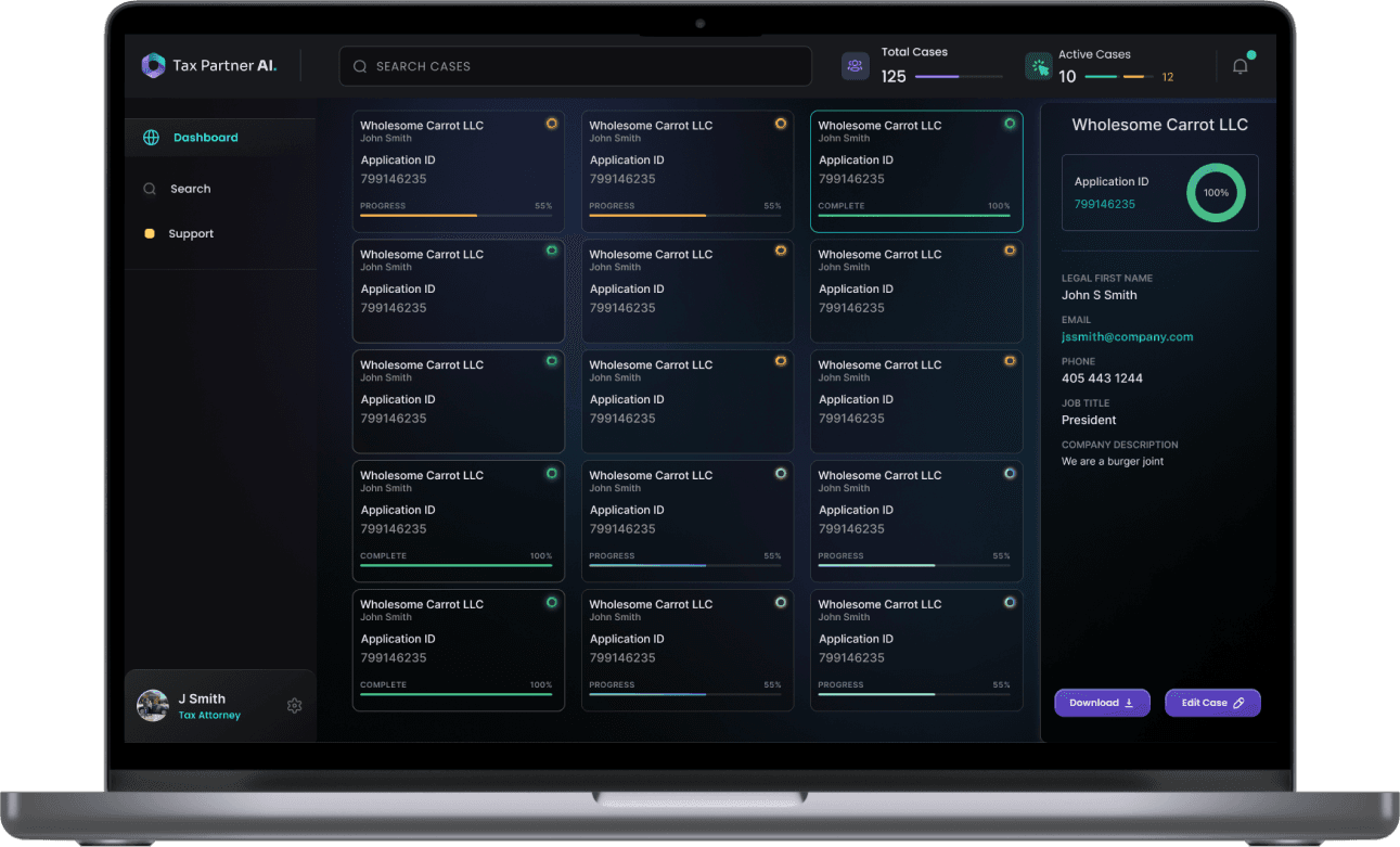 Tax Partner AI dashboard concept displayed in a laptop, with a searchable case list, application progress indicators, and a client detail panel