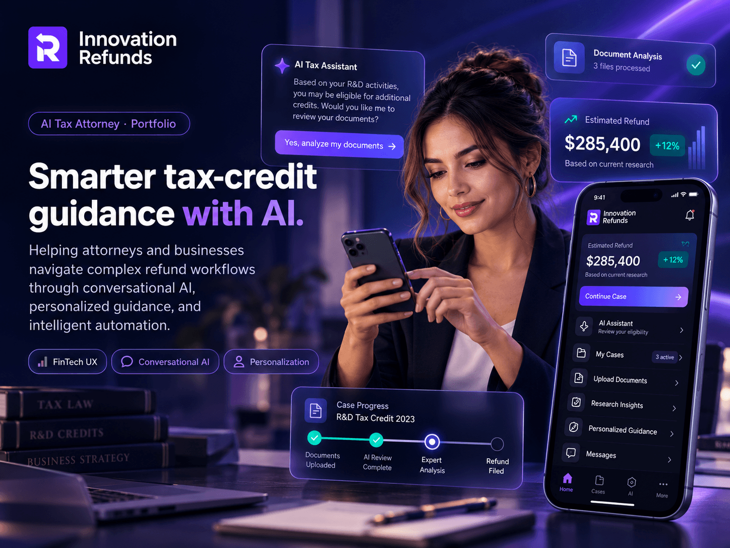 Illustrative AI Tax Attorney concept showing a tax-credit assistant, document analysis, estimated refund, and mobile case progress