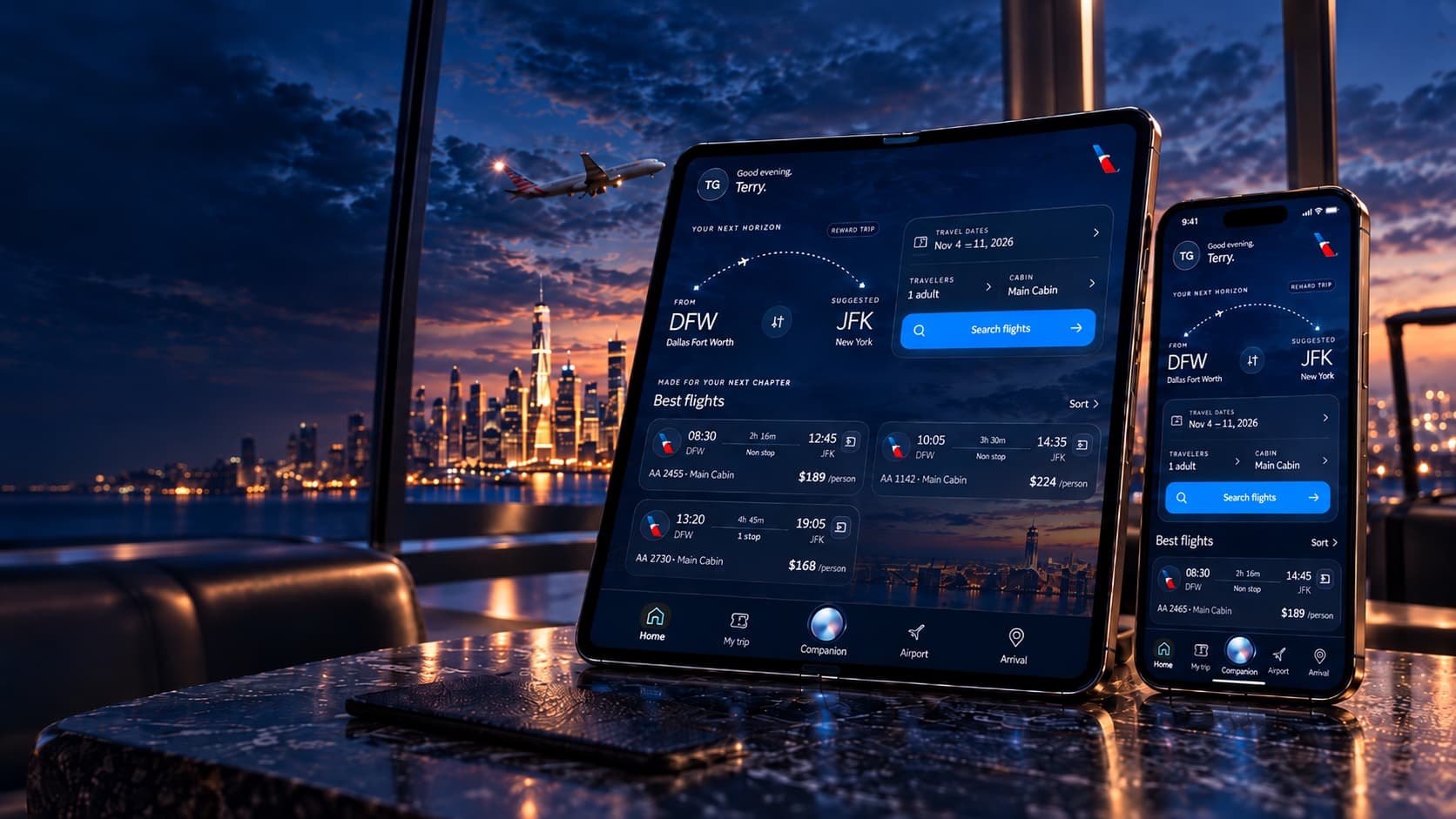 American Airlines concept flight discovery interfaces on tablet and mobile