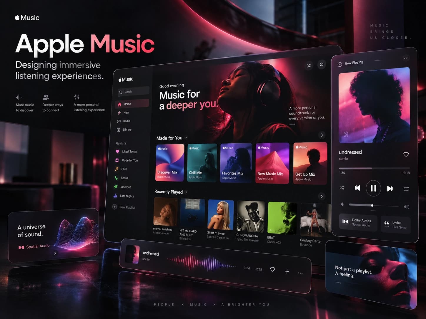 Apple Music listening experience shown across a desktop music interface and Now Playing screen in a cinematic workspace