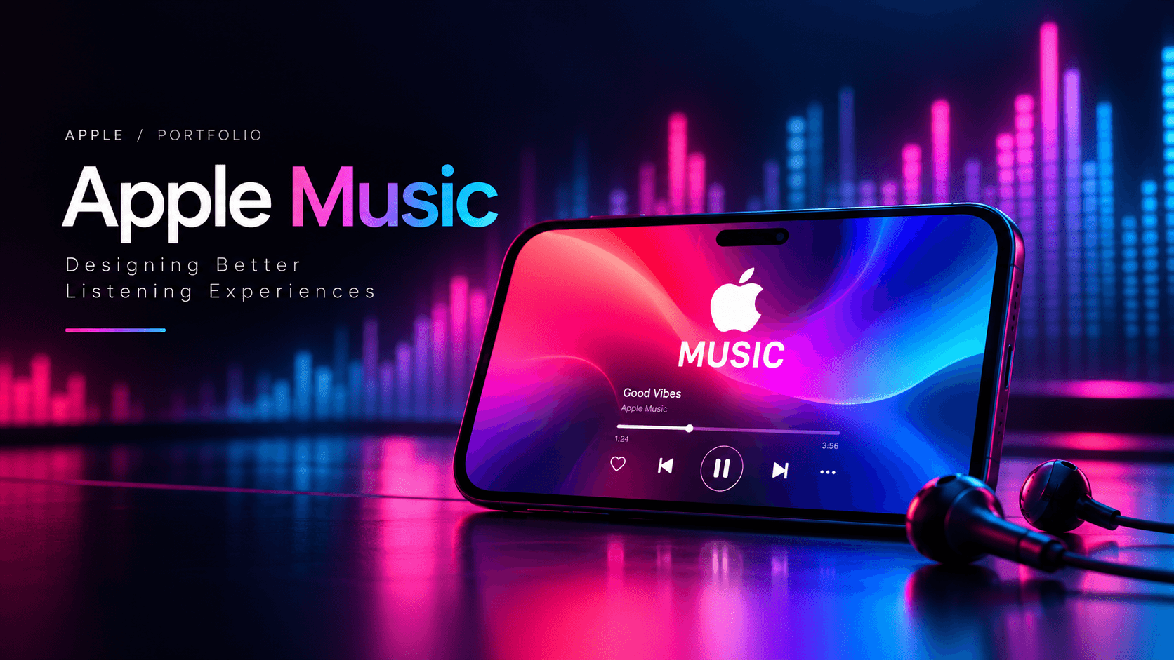 Apple Music listening experience concept with a colorful music player on an iPhone against glowing audio waves
