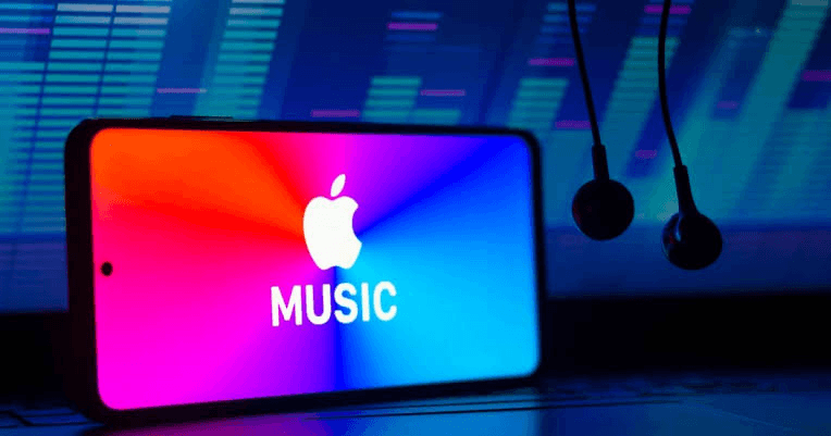 Apple Music displayed on a phone beside earbuds against a colorful audio-wave backdrop