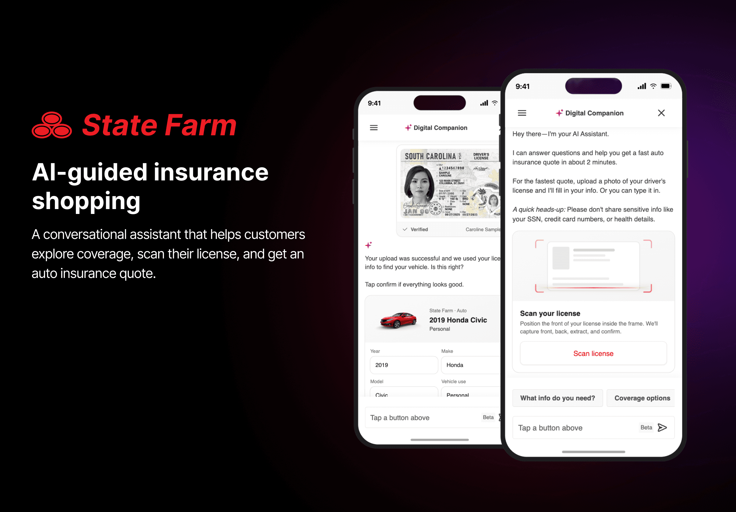 State Farm conversational AI guided-shopping experience shown across two mobile screens