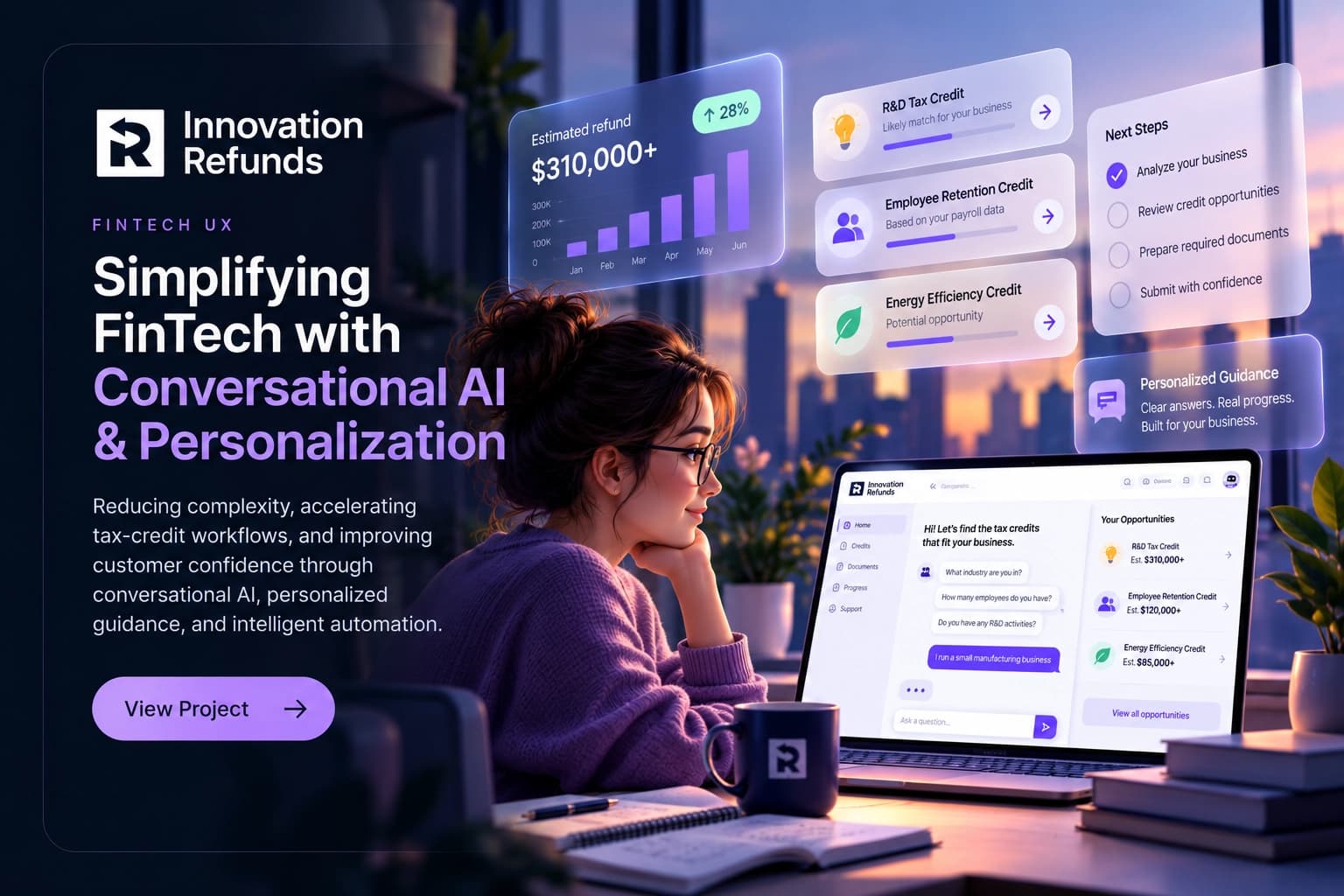Innovation Refunds tax-credit guidance concept with a personalized dashboard and opportunity cards