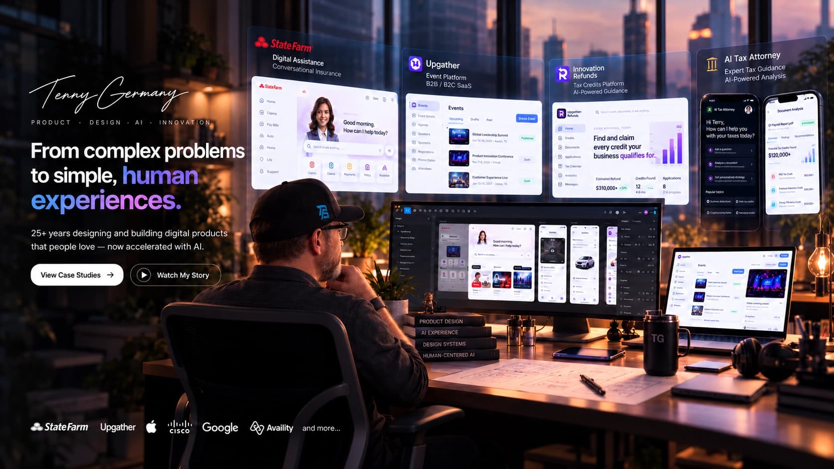 Terry Germany at his desk, with product interfaces for State Farm, Upgather, Innovation Refunds, and AI Tax Attorney displayed around him.