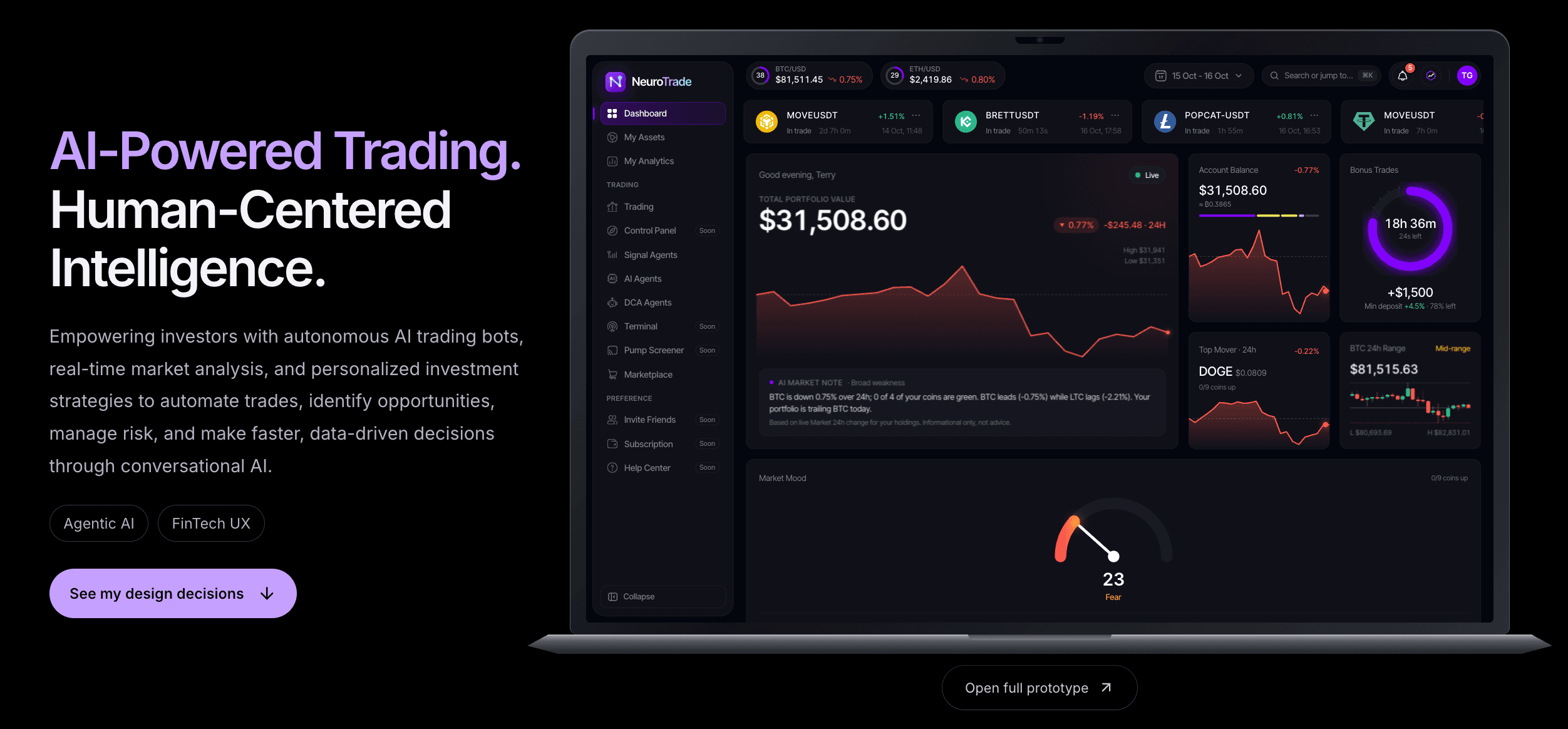NeuroTrade dashboard displayed on a laptop beside its AI-powered trading headline