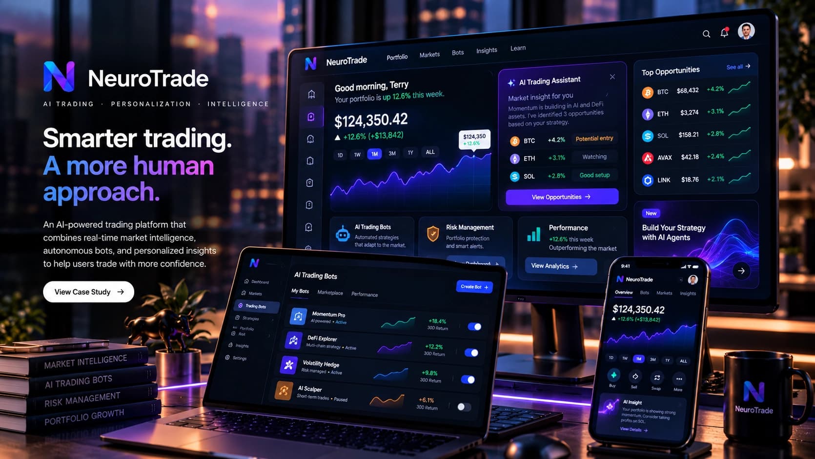 NeuroTrade AI trading interface across desktop and mobile