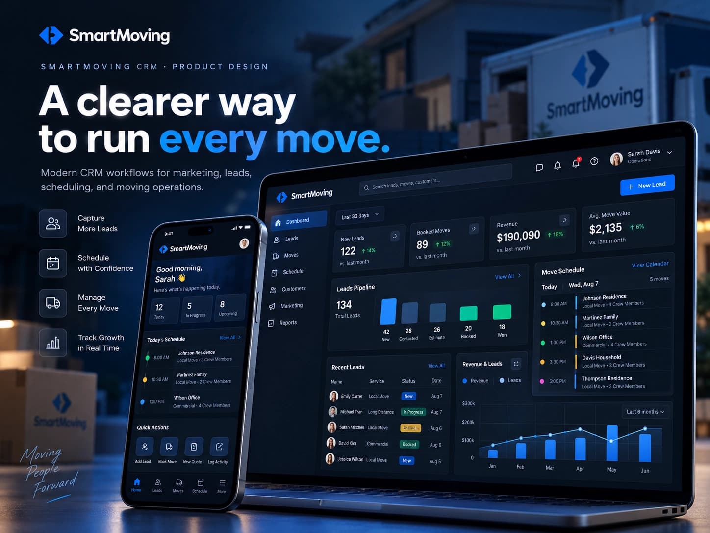SmartMoving CRM concept across desktop and mobile