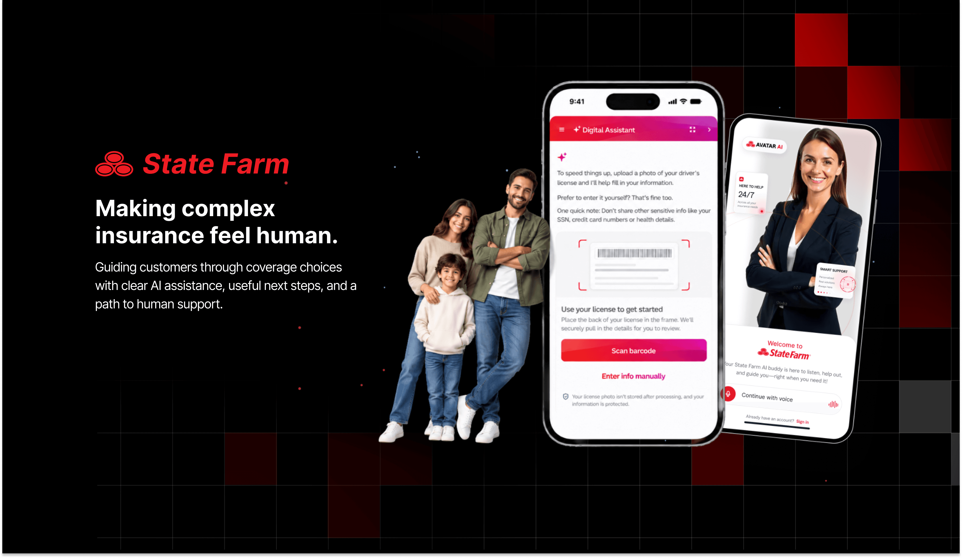 State Farm digital assistant concept with a family, mobile insurance guidance, and AI support