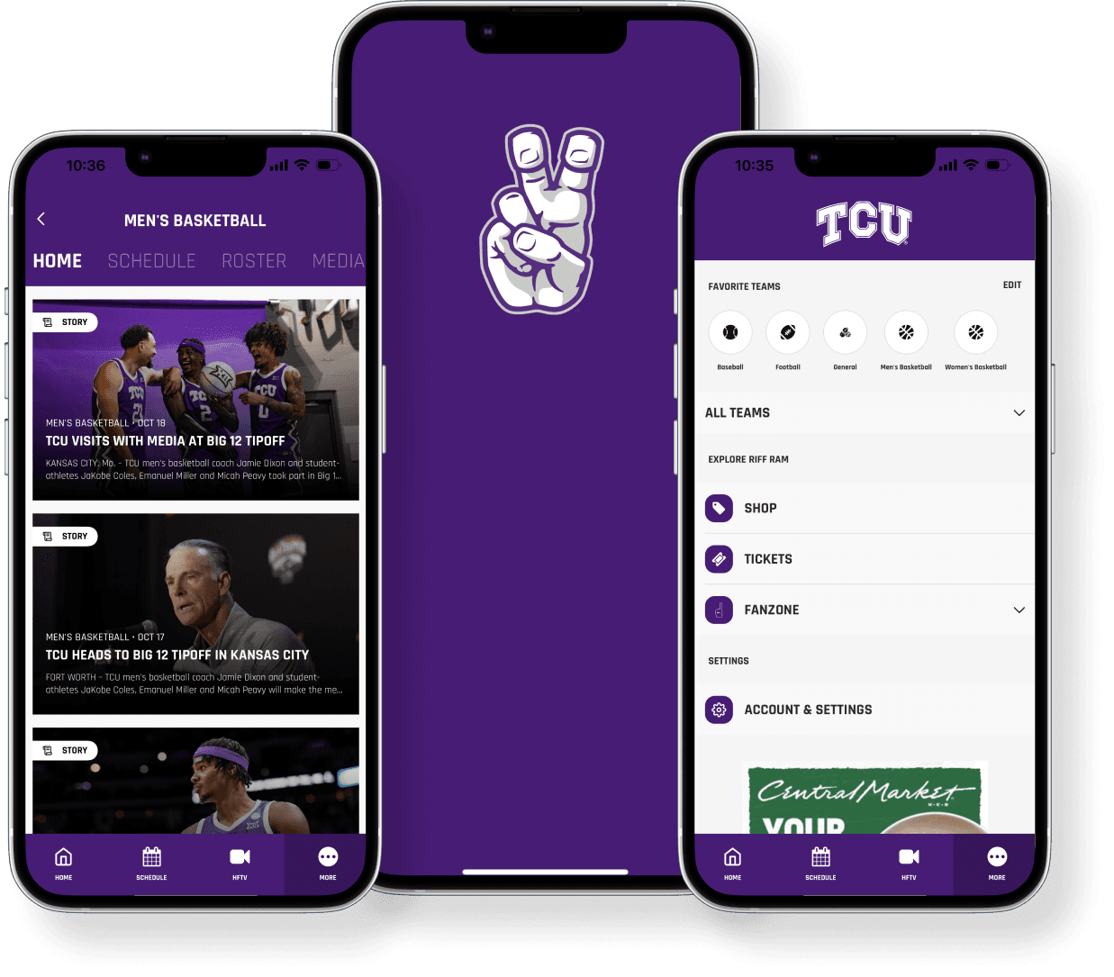 Three TCU Riff Ram mobile app screens in phone mockups, showing basketball news, favorite teams, and fan navigation