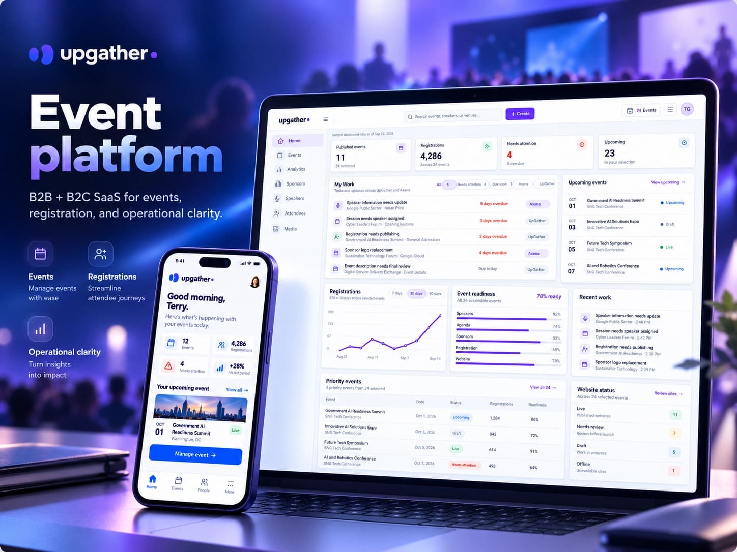 Upgather event platform shown on desktop and mobile with registration and event operations dashboards
