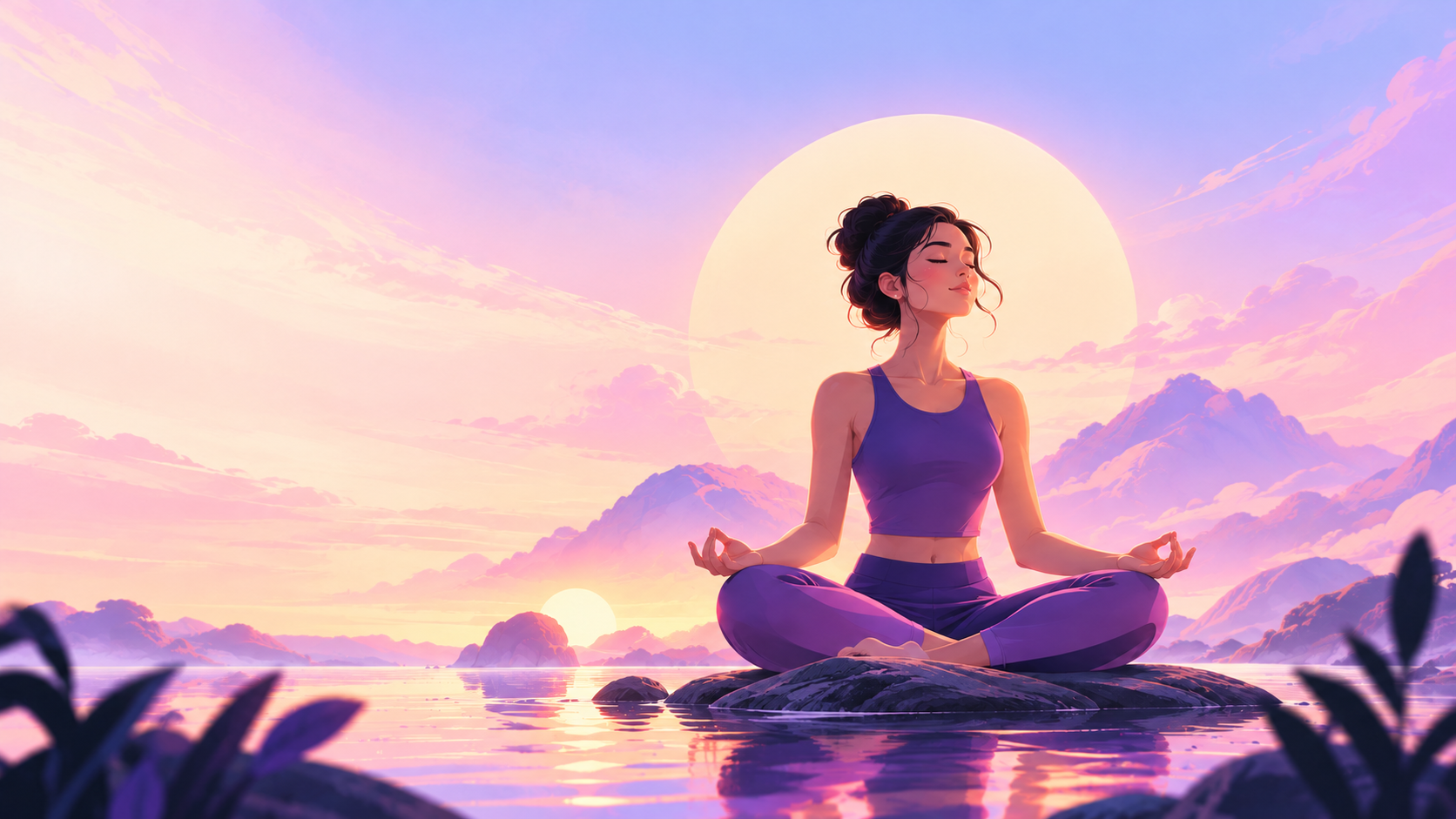 Illustration of a woman meditating beside a pastel mountain lake at sunrise