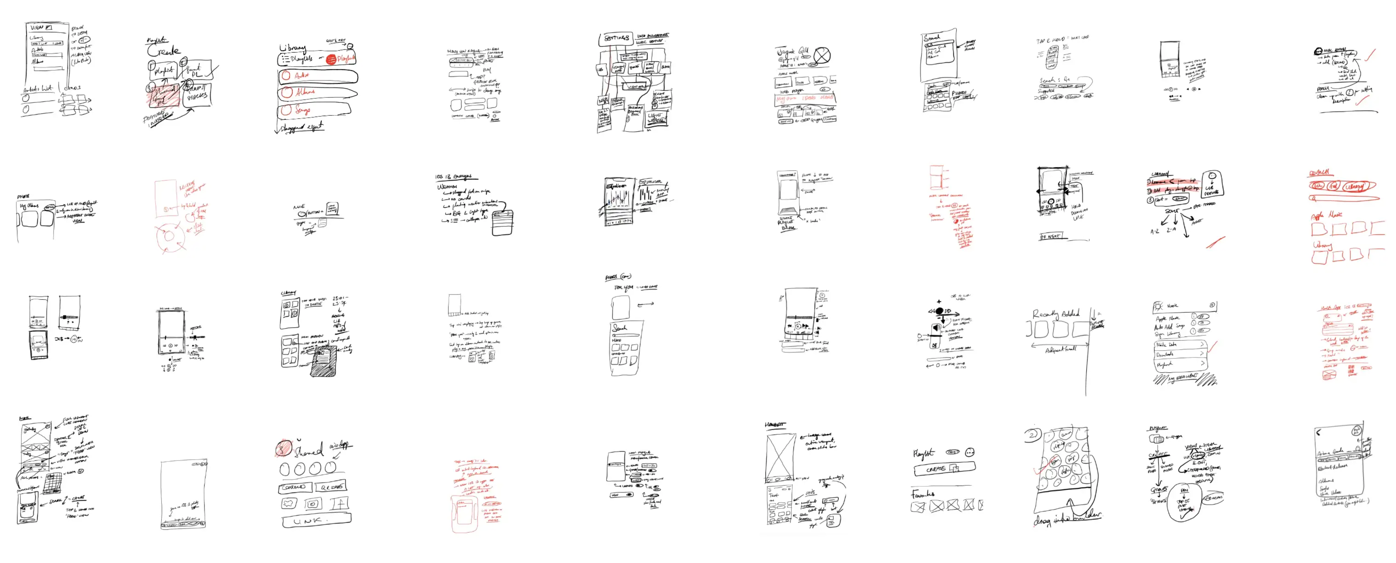 Original Apple Music hand-drawn wireframe board showing library, playlist, and playback interface ideas