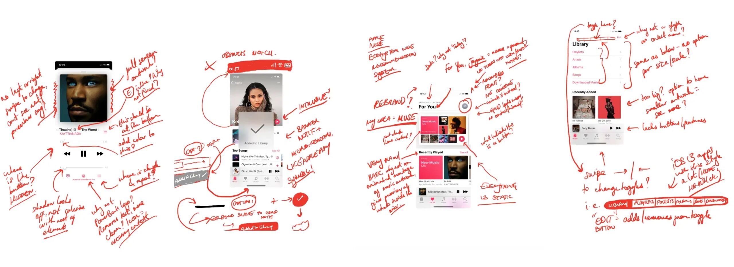 Original Apple Music screens with handwritten annotations around playback, library, and discovery controls