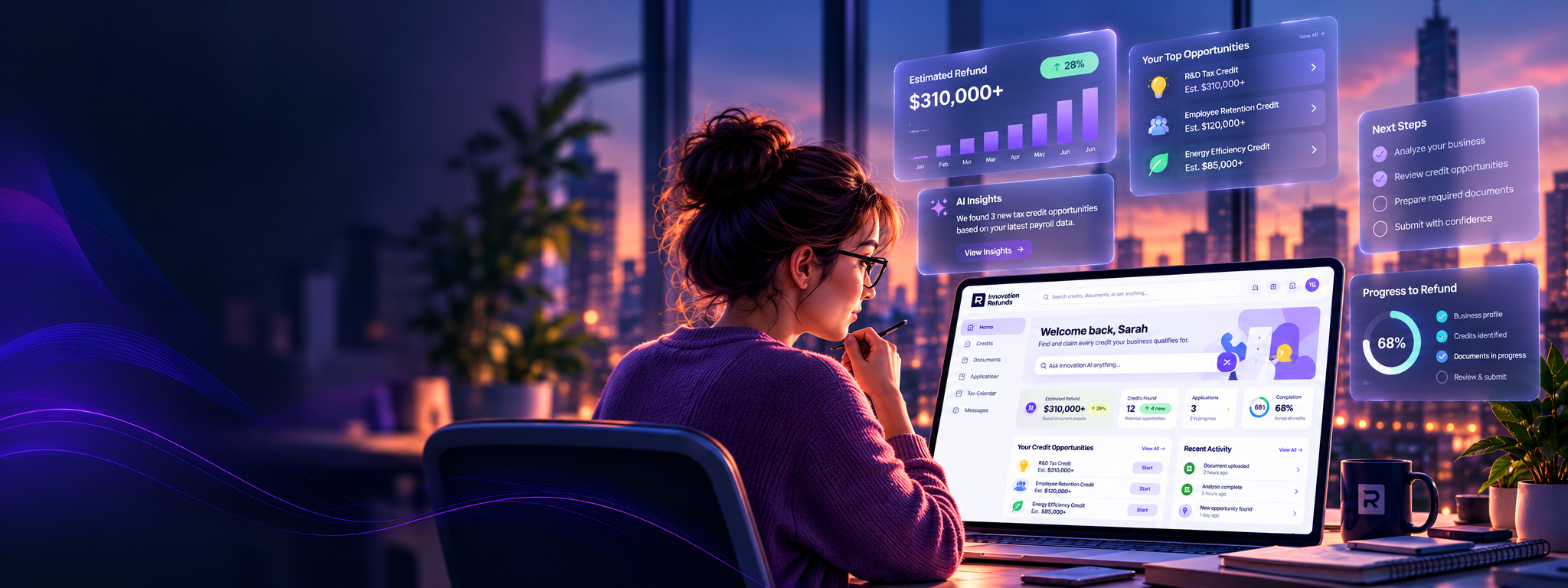 Illustrative Innovation Refunds fintech concept with conversational tax-credit guidance and a progress dashboard