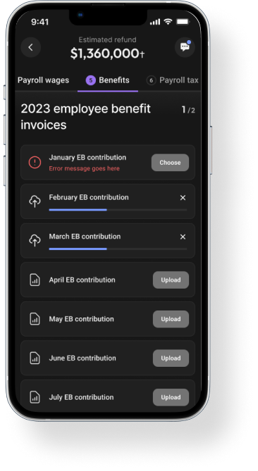 Innovation Refunds mobile interface: Benefit documents