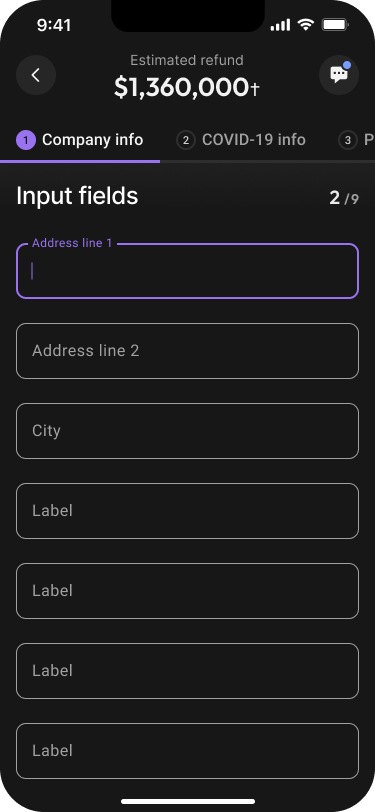 Innovation Refunds mobile interface: Input fields