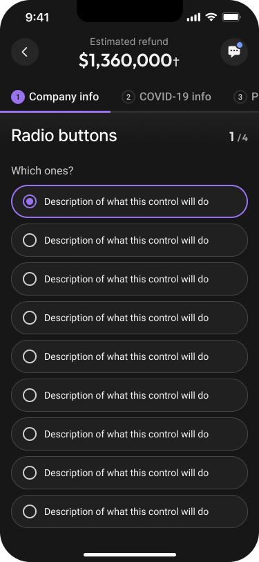 Innovation Refunds mobile interface: Single selection