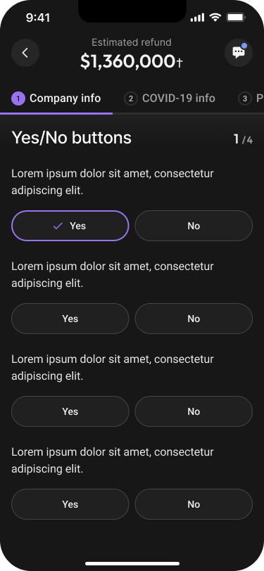 Innovation Refunds mobile interface: Segmented choices