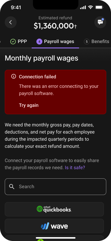 Innovation Refunds mobile interface: Connection needs attention