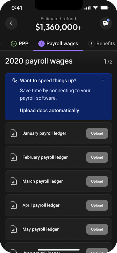 Innovation Refunds mobile interface: Payroll document list