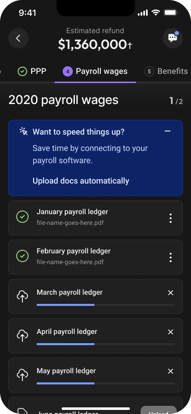 Innovation Refunds mobile interface: Document actions