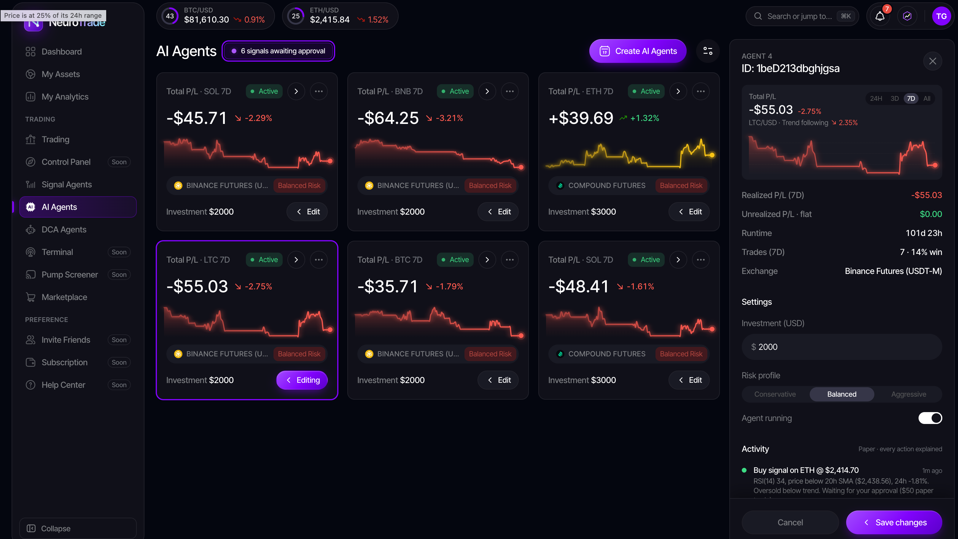 NeuroTrade AI Agents screen with agent performance cards and activity details