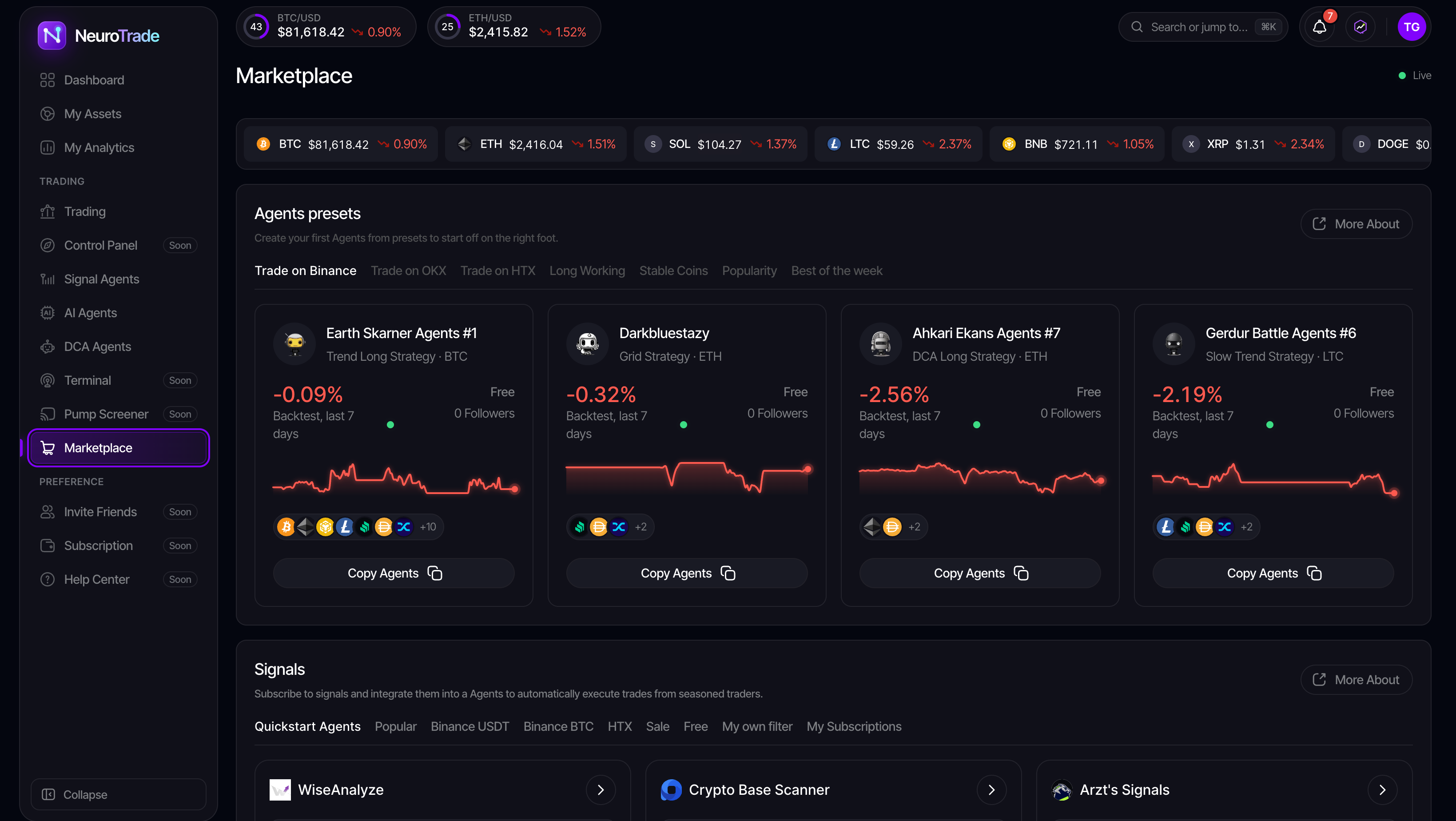NeuroTrade Marketplace screen with agent presets and trading signals