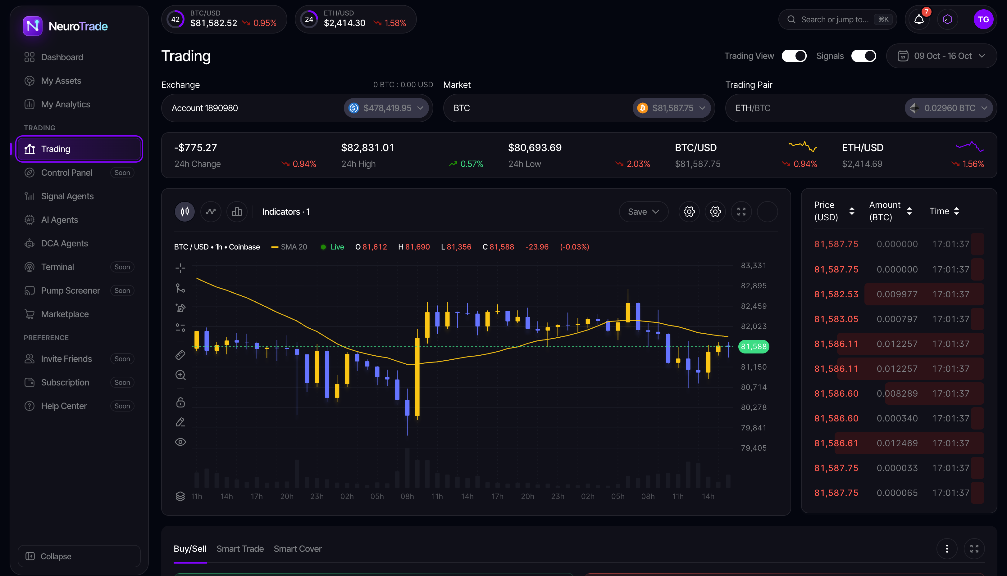NeuroTrade Trading screen with market chart, trading pair, and order book