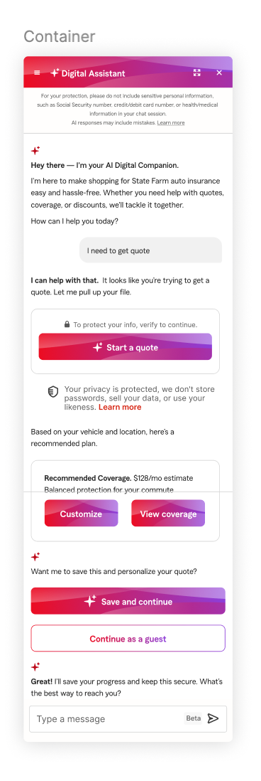 State Farm shopping assistant exploration with a quote request, coverage card, and save and continue controls