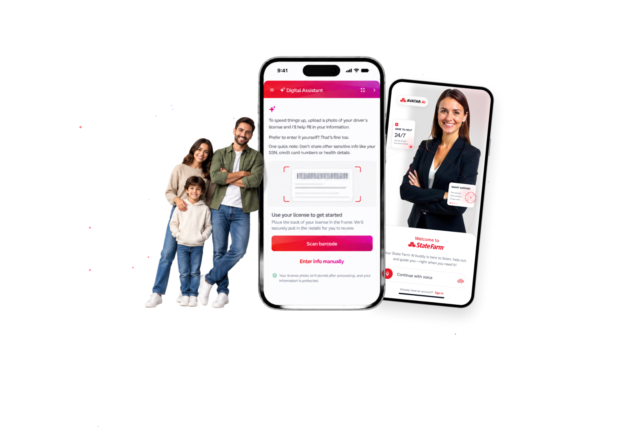 A family beside the State Farm license scanning assistant and AI support experiences