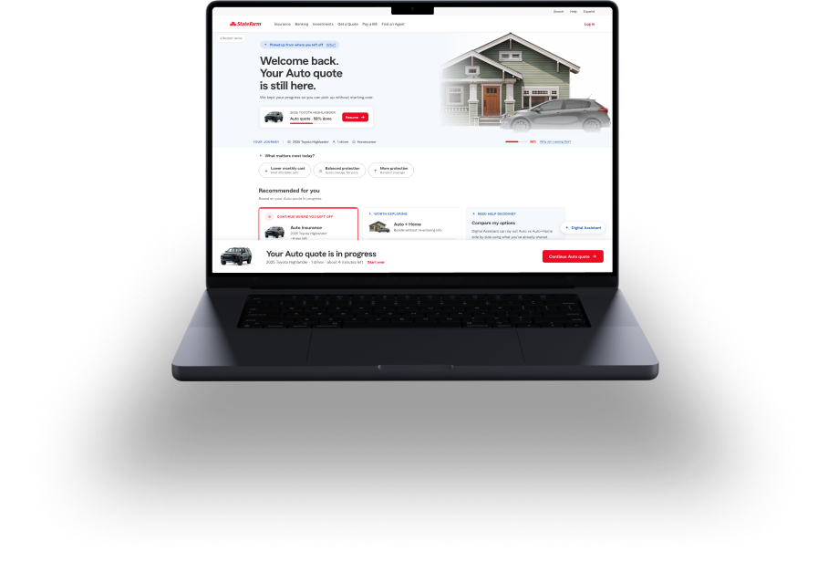 State Farm returning customer experience on a laptop