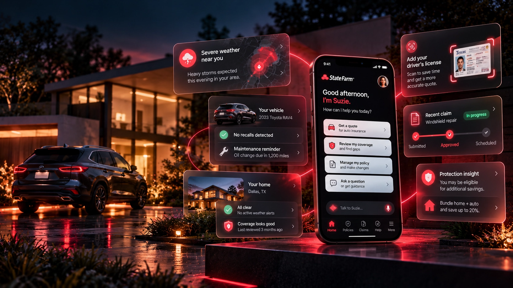 Nighttime home setting with a State Farm conversational insurance assistant on a phone and contextual coverage panels.