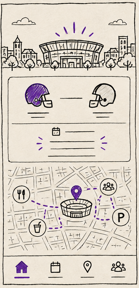 Hand-drawn low-fidelity sketch exploring a Riff Ram game-day home with stadium context, a campus map, and quick destinations.