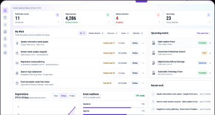 Current UpGather dashboard with My Work, event readiness, and upcoming events